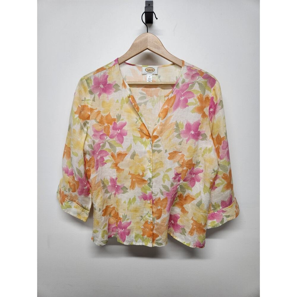 Vintage Talbots Women's 100% Linen Button Up Top, Size 12, Multi Color Floral